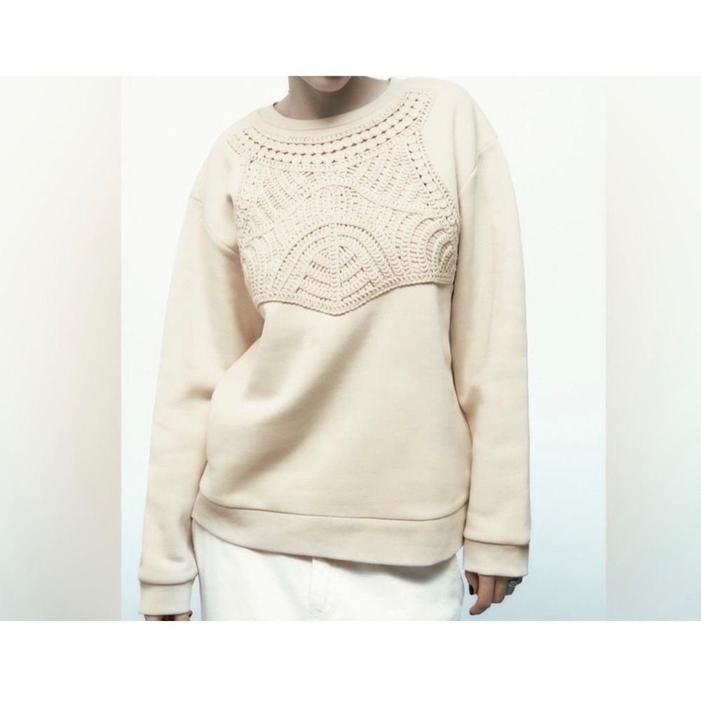 Zara Womens Cream Embroidered Bib Sweatshirt Long Sleeve Crew Neck Small